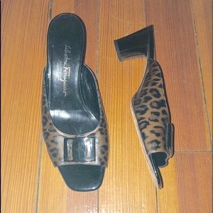 SALVATORE FERRAGAMO Leopard OpenToe Leather Slides
